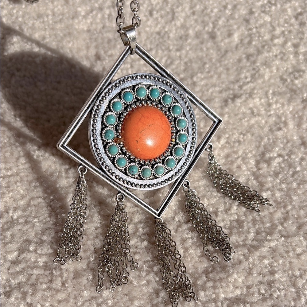 Long Bohemian Pendant Necklace with Orange and Turquoise Accents